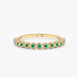 Dainty Emerald Ring, Half Eternity Wedding Band, Natural Green Emerald, Stackable 14k Solid Gold May Birthstone Ring, Engagement Set, Arleth