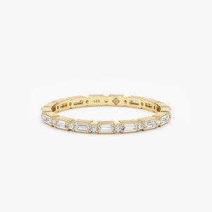 14k Diamond Eternity Band, Solid Gold And Natural Diamonds, Thin Diamond Wedding Ring, Stacking Ring, Baguette and Round Diamonds, Harper