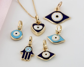 14K Gold Evil Eye Charm, Lucky Eye Necklace Charm, Enamel Evil Eye, Solid Gold Pendant, Hamsa Charm, Charm Only, Christmas gift, Lucinda