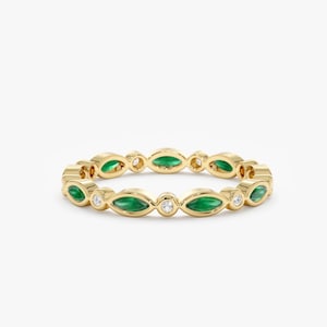 14k Gold Emerald Ring, Marquise Emerald Eternity Ring, Diamond Eternity Band, Solid Gold, Dainty Fine Jewelry, Stackable, Handmade, Taelyn