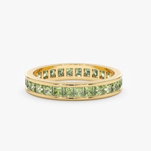 Solid Gold Peridot Eternity Ring, Princess Cut Gemstone, Stackable Ring, 14k or 18k, Channel Set, August Birthstone, Genuine Real, River