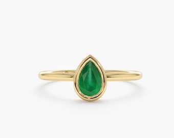 Solid Gold Emerald Ring, Pear Shape Emerald, Solitaire Drop Ring, 14k Bezel Set Emerald, Emerald Engagement Ring, Fancy Cut Gemstone, Ensley