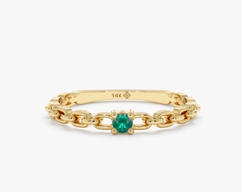 14K Gold Dainty Emerald Ring, Solid Gold, Natural Emerald Ring, Stackable Ring, Rigid Chain Ring, Stylish and Trendy, May Birthstone, Brynn