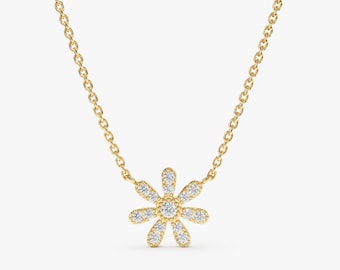 14k Diamond Daisy Flower Necklace, Cute Diamond Charm Necklace, Diamond Choker Chain, Graduation Gift, 14k Rose, Yellow, White Gold, Daisy