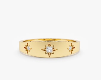 14k Gold Diamond Starburst Ring, Solid Gold With Diamonds, White, Rose, Yellow Gold, Multi Starburst Curved Band, Gift for Her, Estelle