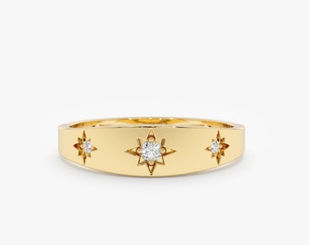 14k Gold Diamond Starburst Ring, Solid Gold With Diamonds, White, Rose, Yellow Gold, Multi Starburst Curved Band, Gift for Her, Estelle