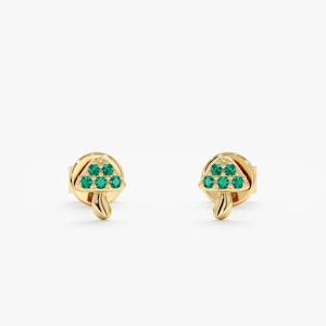 Mini Mushroom Stud, 14k Solid Gold Tiny Earrings, Cute Mushroom, Cute Emerald Cartilage Stud, Birthstone Jewelry, Birthday Gift Idea, Darya