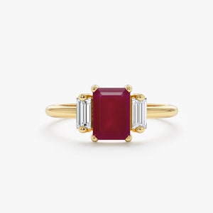 Ruby and Diamond Engagemant Ring, 14k Solid Gold, Natural Stones, Prong Set Octagon Shape Ruby, Baguette Diamonds, Engagement Ring, Lauryn