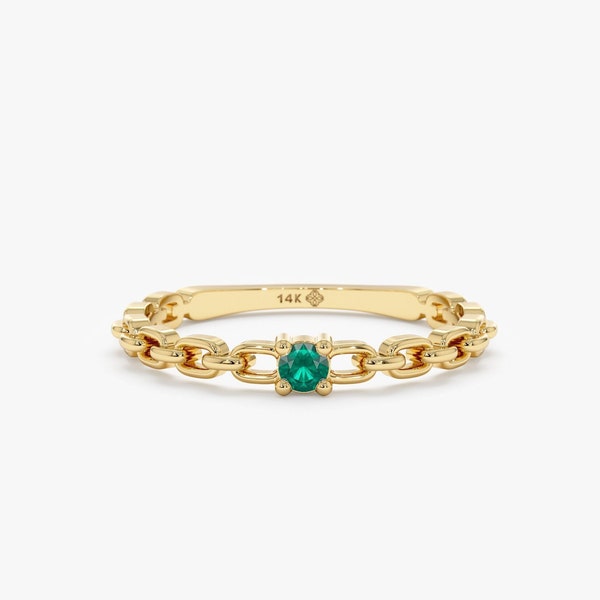 14K Gold Dainty Emerald Ring, Solid Gold, Natural Emerald Ring, Stackable Ring, Rigid Chain Ring, Stylish and Trendy, May Birthstone, Brynn