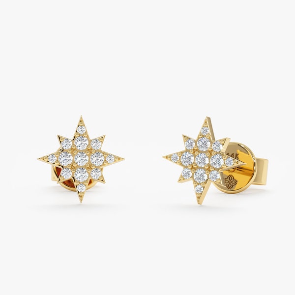 14k Diamond Mini Starburst Stud Earrings, Solid Gold Studs, Gold Star Celestial Earrings, Dainty Star Jewelry, Tragus Earring, Estelle