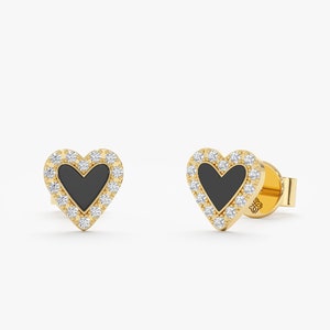 black enamel heart diamond studs