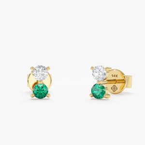 14k Small Diamond Stud, Emerald Earrings, 3 Prong Cluster Setting, Natural Stones and Genuine Gold, Minimalist Dainty Piece, Pair, Trisha