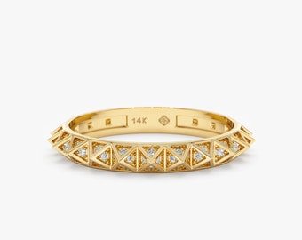 14k Gold Diamond Spike Ring, Half Eternity Ring, Unique Diamond Ring, Gold Pyramid Ring, Stackable Ring, 14k Rose, White, Yellow, Nefertiti