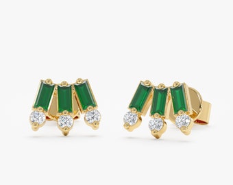 14k Gold and Diamond Emerald Stud Earrings, Baguette Emeralds and Round Diamonds, Natural Emerald, Emerald Earrings, Solid Gold, Sadie