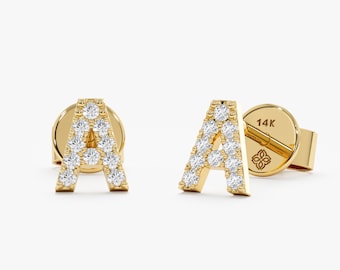 14k Gold Diamond Initial Stud Earrings Dainty Diamond Initial Earrings, Personalized Gift, Small Initial Stud, Letter Earrings, Shonda