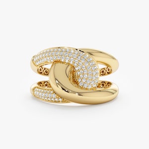 Natural Diamond Link Ring, Interlocking Unique Design, 14k - 18k Solid Gold Ring, Bold Natural Pave Diamond Ring, Minimalist Jewelry, Eda