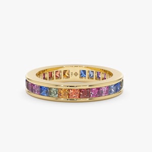 Rainbow Sapphire Ring, Solid Gold Channel Set Eternity Ring, 14k or 18k, Colorful Genuine Gemstone, Multicolor, Trendy Stackable Band, River