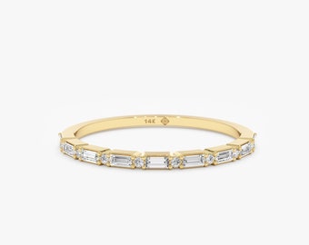 14k Baguette and Round Diamond Half Eternity Band,Half Eternity Ring, Dainty Wedding Ring, Stacking Diamond Ring, Minimalist Design, Harper
