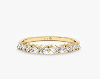Diamond Cluster Ring, 14k Gold Diamond Ring, Baguette and Round Diamonds, Stacking Diamond Ring, 14k Solid Rose, White, Yellow Gold, Fallon
