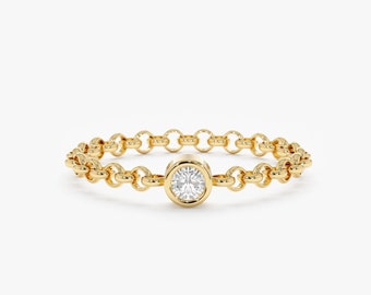 Dainty Diamond Bezel Chain Ring, 14k White, Rose Gold Chain Ring, Stackable Ring, Pinky Ring, Gold Bezel Ring, Delicate Gold Ring, Adriana