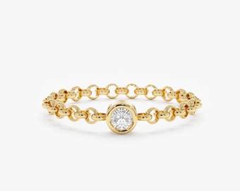 Dainty Diamond Bezel Chain Ring, 14k White, Rose Gold Chain Ring, Stackable Ring, Pinky Ring, Gold Bezel Ring, Delicate Gold Ring, Adriana