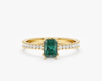 Teal Sapphire Engagement Ring, Natural Emerald Cut Green & Blue Teal Sapphire, Brilliant Diamonds, 14k or 18k Solid Gold, 8 Prong Set, Olea