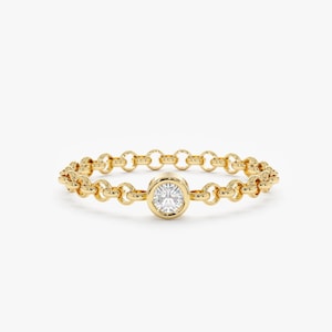 Zierlicher Diamant Lünette Kettenring, 14k Weiß, Roségold Kettenring, Stapelbarer Ring, Pinky Ring, Gold Lünette Ring, Zarte Goldring, Adriana