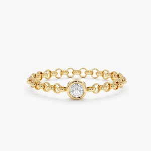 Dainty Diamond Bezel Chain Ring, 14k White, Rose Gold Chain Ring, Stackable Ring, Pinky Ring, Gold Bezel Ring, Delicate Gold Ring, Adriana