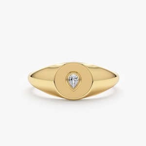 Solid Gold Diamond Signet Ring, Drop Diamond Gold Ring, 14k Yellow, Rose, White Gold, Pinky Signet Ring, Natural Pear Diamond Ring, Lagrima
