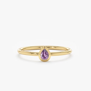 14k Solid Gold Amethyst Bezel Ring, February Birthstone, Stackable Ring, Birthstone Jewelry, 14k Gold Amethyst Ring, Pear Shape, Jessie