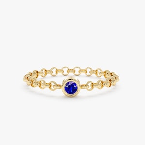 14k Gold Blue Sapphire Ring, Gold Loose Chain Ring, Bezel Birthstone Ring, Stackable Ring, September Birthstone Gift, Everyday Ring, Adriana