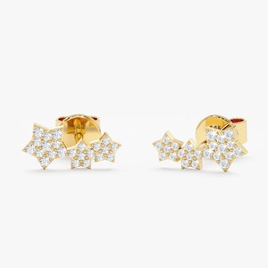 14K Diamond Multi Stars Studs, Diamond Star Earrings, Diamond Curved Earrings, Celestial Earrings, Small Star Stud, Stars Ear Climbers, Vega