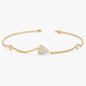 14k Diamond Heart Bracelet, Small Solid Gold Heart Bracelet, Bezel Diamond Setting, Dainty Diamond Bracelet, Anniversary Gift, Natalie