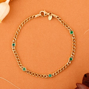 Emerald Bracelet, 14k Gold Cuban Chain Bracelet, Curb Chain Bracelet, 14k Gold Bracelet, By Sarah Elise, 14k Rose, White, Yellow Gold, Salma