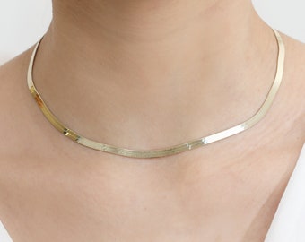 Gold Herringbone Necklace, 14k Gold Snake Choker, Plain Gold High Polished Chain, Must Have Classic Design, Layering Necklace, Henrietta
