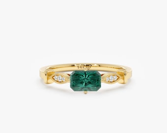 Sapphire Ring, 14k Diamond Sapphire Ring, Marquise Art Deco, Natural Emerald Cut Green and Blue Teal Sapphire Gem, Brilliant Diamonds, Lou