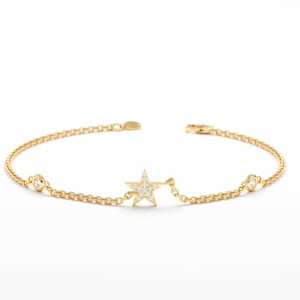 14k Gold Diamond Star Bracelet, Diamond Tiny Star Bracelet, 14k Solid White, Yellow, Rose, Dainty Gold Star Charm, Celestial Bracelet, Luz