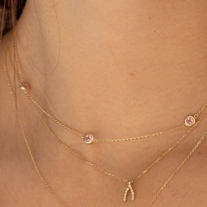 14k Pink Sapphire Necklace, Gemstone Station Necklace, Dainty Solid Gold Choker, Gold Bezel Layering Necklace, Natural Pink Sapphire, Gwen