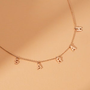 Solid Gold Name Necklace, 14k Dainty Dangling Initials on a Silky Gold Chain, Custom Necklace, Personalized Necklace, Birthday Gift for Mom