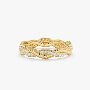 Diamond Twisted Ring, Twisted Rope Design Wedding Ring, 14k or 18k Gold Stackable Ring, Eternity Diamond Ring, Unique Solid Gold Ring, Astra