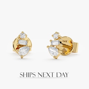 14k Diamond Cluster Stud Earrings, Small Diamond Earrings, Multi Shape Natural Diamond, Baguette, Pear, Round, Rose, White, Yellow, Lagrima