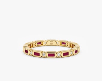 14k Gold Ruby Eternity Ring, Ruby Eternity Ring, Diamond Eternity Band, Solid Gold Wedding Ring, Stackable, Baguette and Round Bezels, Tamia