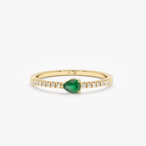 14k Solid Gold Emerald Ring, Diamond Stacking Ring, Pear Emerald Ring, 14k or 18k Rose White Yellow, Stackable Minimalist Design, Malika
