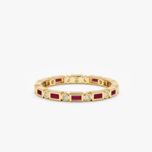14k Gold Ruby Eternity Ring, Ruby Eternity Ring, Diamond Eternity Band, Solid Gold Wedding Ring, Stackable, Baguette and Round Bezels, Tamia