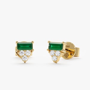 14k Gold Emerald Earrings, Diamond Cluster Earrings, Baguette Emerald and Round Diamonds, Dainty Solid Gold Studs, Natural Emerald Studs