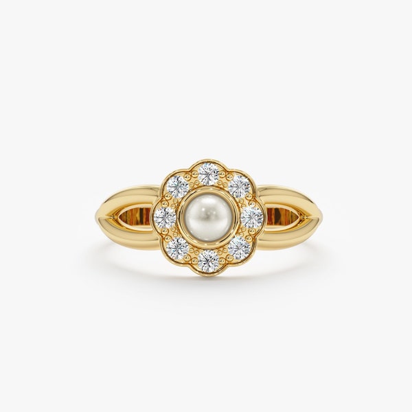 Natural Pearl Ring with Diamonds and Solid Gold, Natural White Diamonds, 14k or 18k, Dainty Ring, Unique Womens Ring, Gift for Her, Dahlia