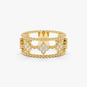Diamond Ring, Beaded Design Diamond Ring, Diamond Clover Ring, Stackable Statement Ring, 14k or 18k Solid gold Ring, Anniversary Gift, Zada
