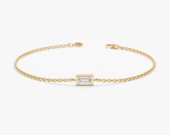 14k Gold Diamond Baguette Bracelet, Dainty Diamond Bracelet, Small Diamond, Charm Bracelet, 14k White, Yellow, Rose, Gift for Her, Gianna