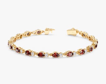 Garnet Tennis Bracelet, 14k Solid Gold Diamond Bracelet, Natural Diamonds and Garnet, Continuous setting on clasp, Statement Piece, Ivy