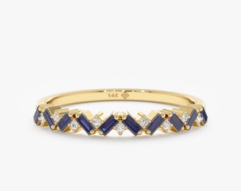 14k Gold Blue Sapphire, Genuine Birthstone Ring, September Gemstone, Fine Cluster Jewelry, Anniversary Gift, Baguette Cut, Handmade, Fallon